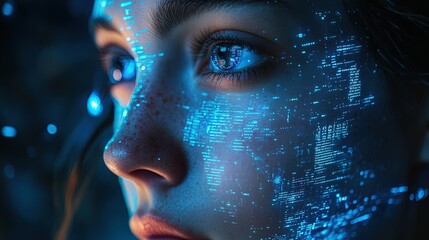 Aufkleber - Close-up of face with holographic data floating around, digital information streams, blue lighting  