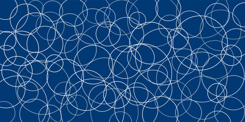 Poster - A deep blue background features overlapping white circles, forming a dynamic and modern abstract pattern. The bold contrast and simple geometric design create a visually engaging composition.