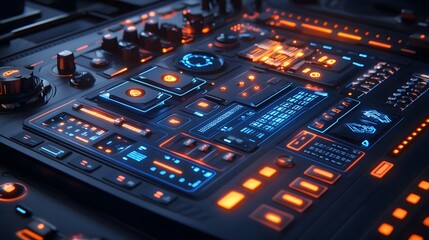 Futuristic illuminated control panel displaying various technological interface indicators