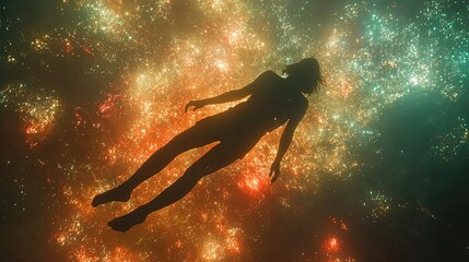Wall Mural - person floating in a cosmic void, surrounded by abstract lights and colors