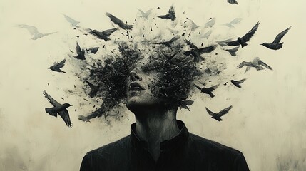 Aufkleber - Person dissolving into a flock of birds, surreal and ethereal abstract art 