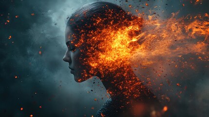 Aufkleber - Human silhouette made of floating shapes and particles, dissolving into light 