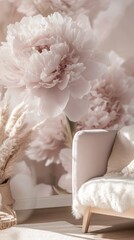 Aufkleber - A cozy living room features plush seating adorned with fluffy textures, while soft pink peonies and dried flowers add a touch of natural beauty, creating a tranquil environment