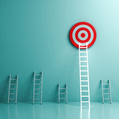 Fototapete - One longest glowing neon light ladder reaching to the above top goal target dartboard the business creative idea concepts on dark blue green cyan pastel color wall background with shadows 3D rendering