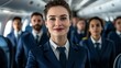 © fotogurme - Elegant A flight attendant calmly pointing to the nearest emergency exit while passengers follow along with their safety cards