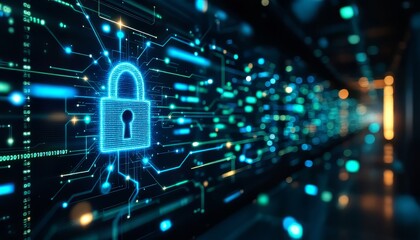 Poster - Cybersecurity: Glowing Padlock in a Futuristic Circuit Board