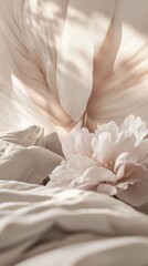 Poster - Sunlight streams through soft curtains, illuminating a gentle arrangement of a blossom and serene linens in a peaceful bedroom, inviting calm and comfort