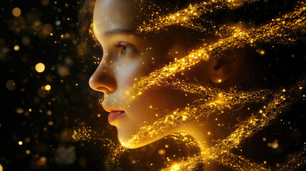 Poster - A young woman's face surrounded by golden particles of energy, representing artificial intelligence, futuristic digital consciousness, and the deep connection between humans and technology.