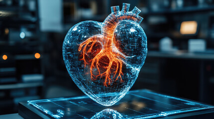 Poster - Futuristic holographic heart projection in an advanced research laboratory, symbolizing cardiology, digital medicine, biomedical innovation, and high-tech healthcare visualization.banner