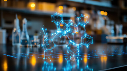 Poster - High-tech laboratory with a glowing holographic molecular structure floating above a sleek table, symbolizing advanced chemical research, biotechnology, and futuristic scientific analysis,banner