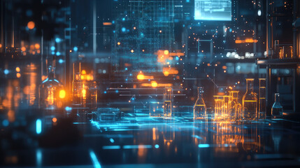 Poster - Futuristic laboratory with holographic chemical formulas floating above a research table, showcasing cutting-edge AI-driven drug discovery, nanotechnology,molecular synthesis