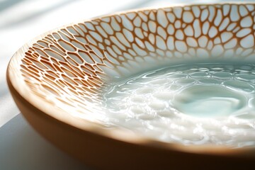 Poster - Modern artistic design of water in a brown rimmed decorative bowl creating a tranquil vibe reflecting sunlight