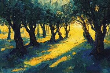 Aufkleber - Impressionistic olive grove with vibrant yellow sunbeams casting shadows along a tree lined path