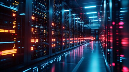 Poster - A high-tech data center featuring glowing LED-lit servers in an organized environment, concept of cloud computing and information security
