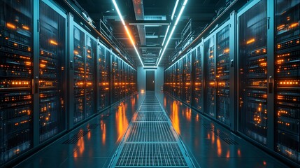 Poster - A high-tech data center featuring glowing LED-lit servers in an organized environment, concept of cloud computing and information security