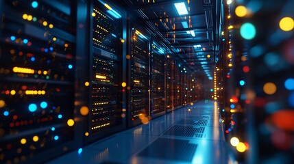 Poster - A highly secure data center with glowing LED panels on server racks, representing cybersecurity and data storage solutions