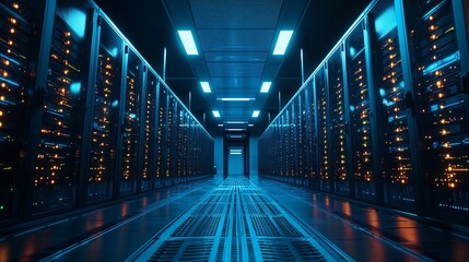 Poster - A spacious data center with perfectly aligned servers emitting a soft LED glow, showcasing advanced computing power