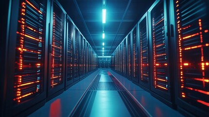 Poster - A sleek and modern server facility with glowing indicator lights, concept of IT infrastructure and networking