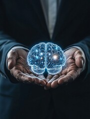 Poster - A businessman holding a glowing holographic image of an AI brain, representing the potential of AI technologies in transforming investment strategies. The dark background and copy space emphasize the
