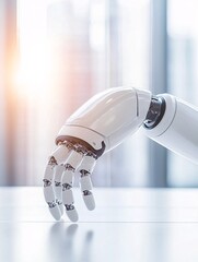 Poster - The potential of AI technologies illustrated in a modern, minimalist office setting, with sleek robots and intelligent devices interacting seamlessly with humans. Documentary-style photography