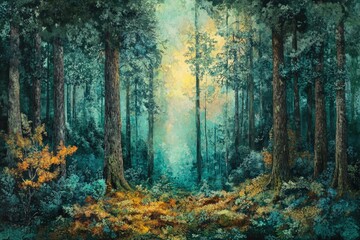 Poster - A serene forest path bathed in soft, ethereal light, tall trees create a mystical atmosphere.