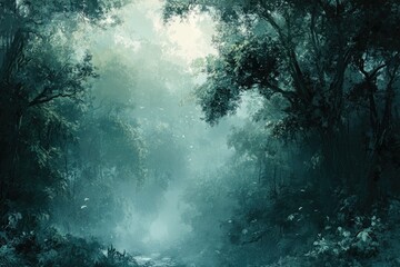 Poster - Mystical, misty forest path winds through lush, green foliage, creating an enchanting scene.