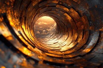 Poster - A mesmerizing view into a golden, stone-like tunnel leading towards a bright light at the end.