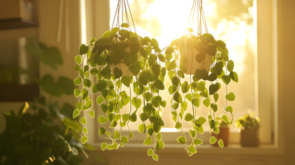 Poster - Lush green plant hanging gracefully from a sunlit window creating a serene indoor atmosphere and bringing nature inside.