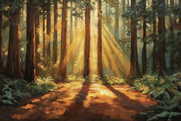 Poster - Sunbeams pierce through a redwood forest, illuminating a path and casting long shadows on the forest floor.