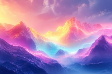 Poster - Vibrant, colorful mountain range at sunset, glowing with neon light, digital art.