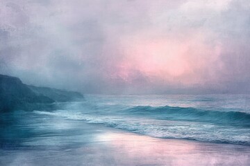 Aufkleber - Serene coastal scene at dawn, misty sky, pastel hues, tranquil ocean waves.