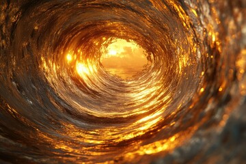 Poster - Golden sunset viewed from inside a barreling wave, nature's breathtaking spectacle.