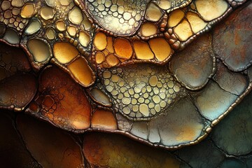 Poster - Abstract art depicting a textured surface with metallic, earthy tones and organic shapes resembling scales or cells.