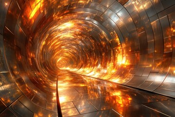 Aufkleber - A fiery, metallic tunnel extending into a bright, distant light, creating a futuristic and surreal atmosphere.