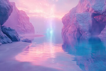 Aufkleber - Serene pastel beach cove with a mystical light beam emanating from the water between pink rock formations.