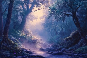 Poster - Serene stream flows through a mystical forest bathed in ethereal light, creating a magical atmosphere.