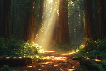 Poster - Sunbeams pierce a redwood forest, illuminating a path through towering trees and lush undergrowth.