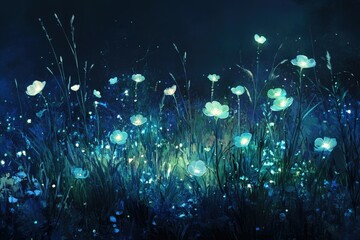 Poster - glowing teal flowers illuminate a dark, mystical night field, creating a magical, dreamlike scene.