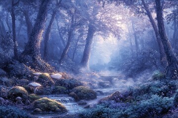 Poster - Enchanted forest stream, mystical blue hues, sunlight filtering through trees, mushrooms near stream, magical atmosphere.