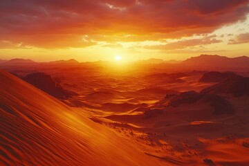 Aufkleber - A breathtaking desert sunset, fiery hues paint the sand dunes and distant mountains, a scene of immense beauty and solitude.