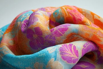 Aufkleber - A vibrant, multicolored fabric with a floral pattern, soft and delicately textured.