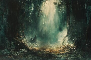 Poster - a mystical forest path bathed in ethereal sunlight, creating a serene and enchanting atmosphere.