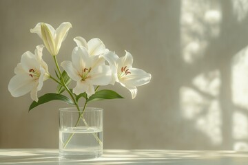 Poster - Elegant white lilies in a glass vase, bathed in soft sunlight, creating a serene atmosphere.