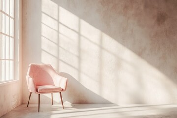 Poster - A pink armchair sits in a sunlit room, casting shadows on a textured wall.