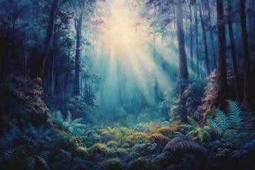 Poster - Sunbeams pierce a mystical, ethereal forest, illuminating ferns and ancient trees in a magical scene.