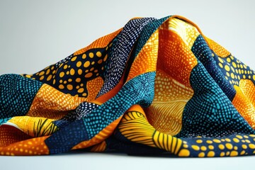 Poster - Vibrant African print fabric in teal, orange, and gold with a polka dot and abstract design.