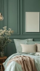 Aufkleber - Soft green walls create a tranquil atmosphere in this cozy bedroom, featuring plush bedding and delicate flowers in a vase. The warm light adds to the inviting ambiance