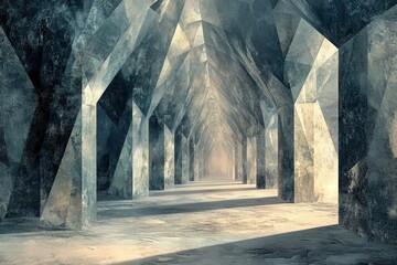 Poster - A long, dimly lit corridor with geometric, aged concrete pillars, creating a mysterious and awe-inspiring atmosphere.