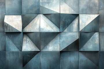 Poster - Abstract geometric pattern of textured, metallic, triangular tiles forming a modern wall design.