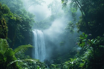 Poster - Serene waterfall cascading through lush, misty rainforest, creating a tranquil and mystical atmosphere.